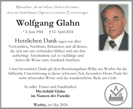 Traueranzeige von Wolfgang Glahn von Thüringer Allgemeine