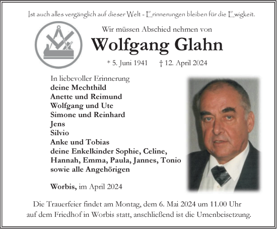 Traueranzeige von Wolfgang Glahn von Thüringer Allgemeine