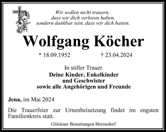 Traueranzeige von Wolfgang Köcher von Ostthüringer Zeitung