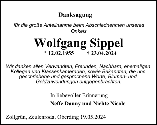 Traueranzeige von Wolfgang Sippel von Ostthüringer Zeitung