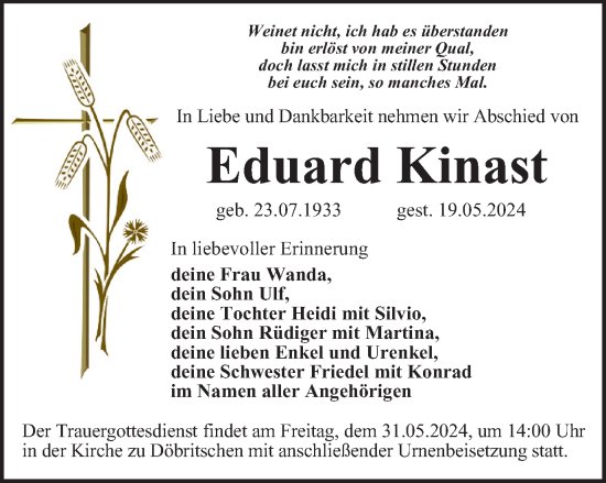 Traueranzeige von Eduard Kinast von Thüringer Allgemeine