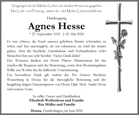 Traueranzeige von Agnes Hesse von Thüringer Allgemeine