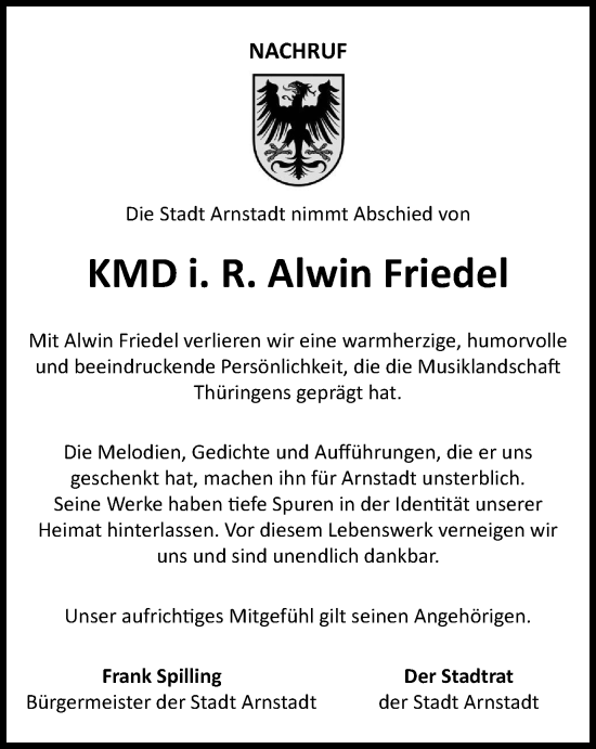 Traueranzeige von Alwin Friedel von Thüringer Allgemeine