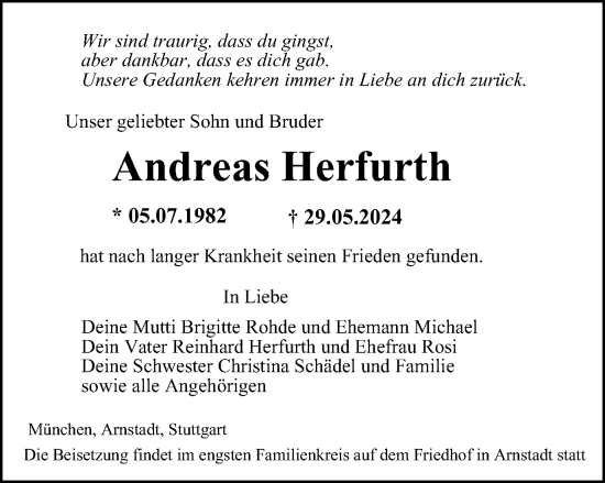 Traueranzeige von Andreas Herfurth von Thüringer Allgemeine