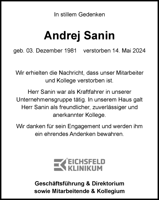 Traueranzeige von Andrej Sanin von Thüringer Allgemeine