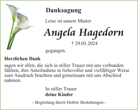 Traueranzeige von Angela Hagedorn von Thüringer Allgemeine