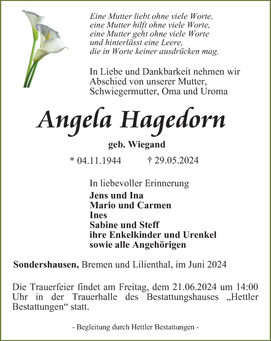 Traueranzeige von Angela Hagedorn von Thüringer Allgemeine