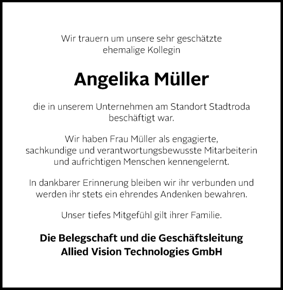 Traueranzeige von Angelika Müller von Ostthüringer Zeitung