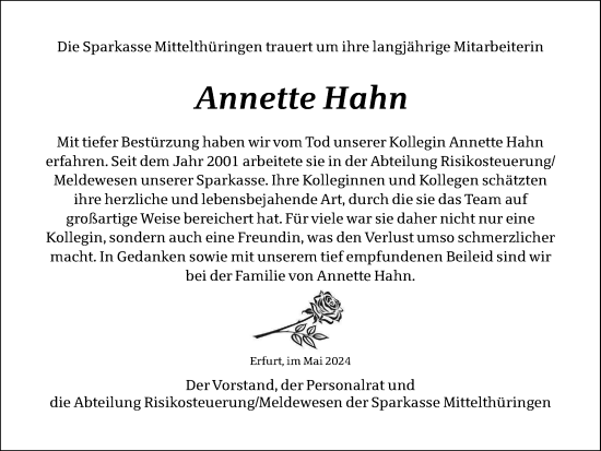 Traueranzeige von Annette Hahn von Thüringer Allgemeine, Thüringische Landeszeitung