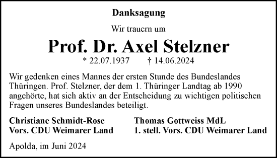 Traueranzeige von Axel Stelzner von Thüringer Allgemeine, Thüringische Landeszeitung