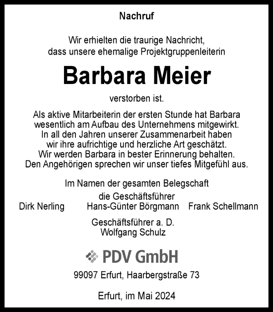 Traueranzeige von Barbara Meier von Thüringer Allgemeine, Thüringische Landeszeitung