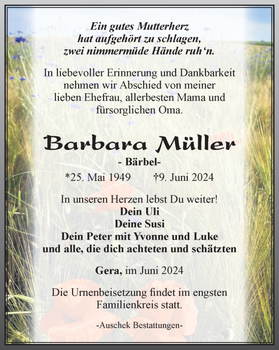 Traueranzeige von Barbara Müller von Ostthüringer Zeitung