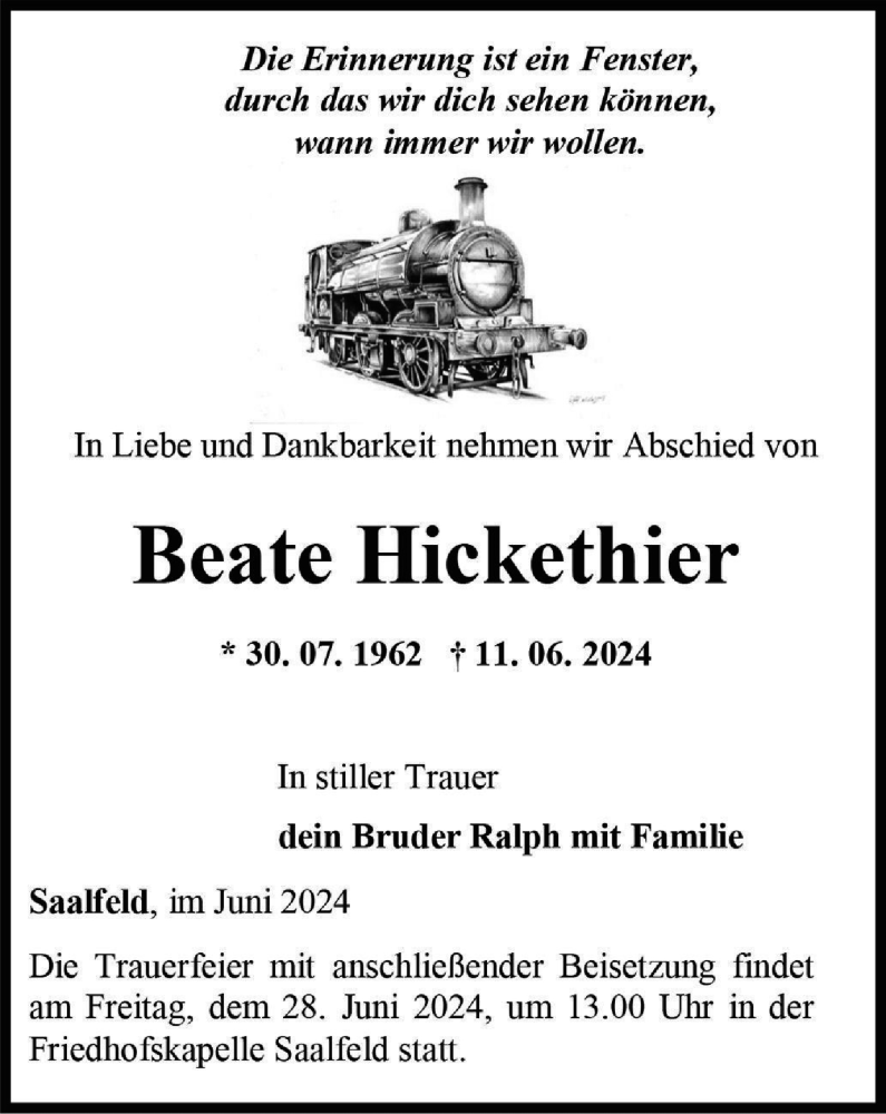  Traueranzeige für Beate Hickethier vom 22.06.2024 aus Ostthüringer Zeitung