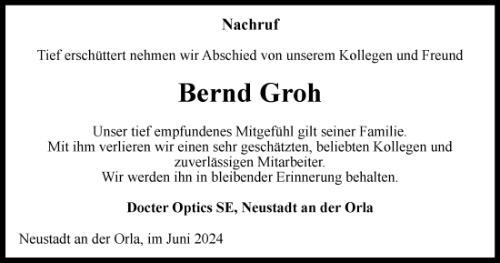 Traueranzeige von Bernd Groh von Ostthüringer Zeitung, Thüringische Landeszeitung