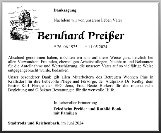 Traueranzeige von Bernhard Preißer von Ostthüringer Zeitung