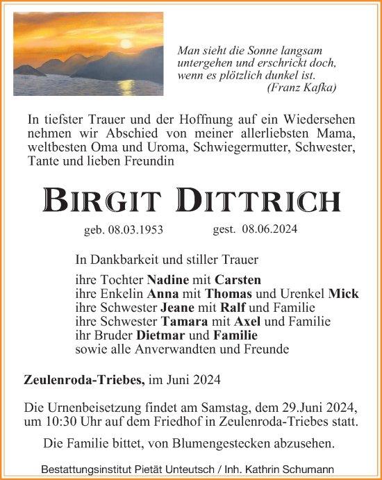 Traueranzeige von Birgit Dittrich von Ostthüringer Zeitung