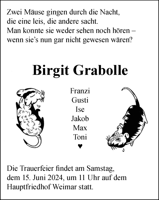 Traueranzeige von Birgit Grabolle von Thüringer Allgemeine, Thüringische Landeszeitung