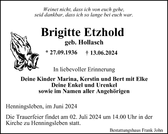 Traueranzeige von Brigitte Etzhold von Thüringer Allgemeine, Thüringische Landeszeitung