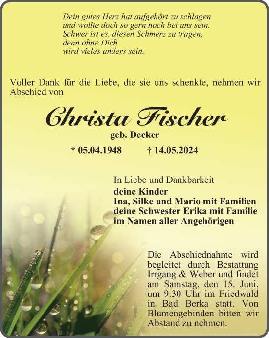 Traueranzeige von Christa Fischer von Ostthüringer Zeitung