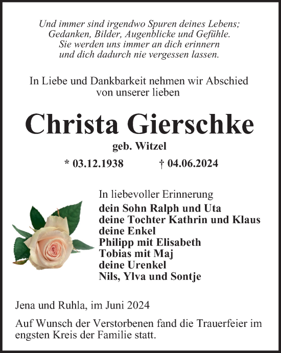 Traueranzeige von Christa Gierschke von Ostthüringer Zeitung, Thüringische Landeszeitung