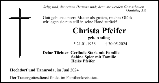 Traueranzeige von Christa Pfeifer von Thüringer Allgemeine, Thüringische Landeszeitung