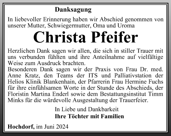 Traueranzeige von Christa Pfeifer von Thüringer Allgemeine, Thüringische Landeszeitung