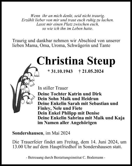 Traueranzeige von Christina Steup von Thüringer Allgemeine