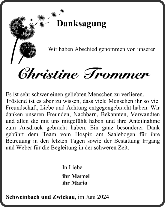 Traueranzeige von Christine Trommer von Ostthüringer Zeitung