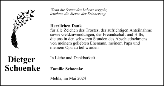 Traueranzeige von Dietger Schoenke von Ostthüringer Zeitung