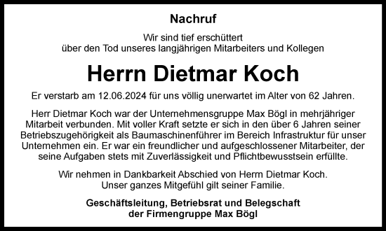 Traueranzeige von Dietmar Koch von Thüringer Allgemeine