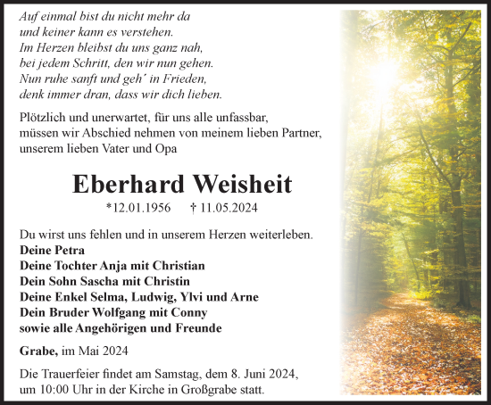 Traueranzeige von Eberhard Weisheit von Thüringer Allgemeine, Thüringische Landeszeitung