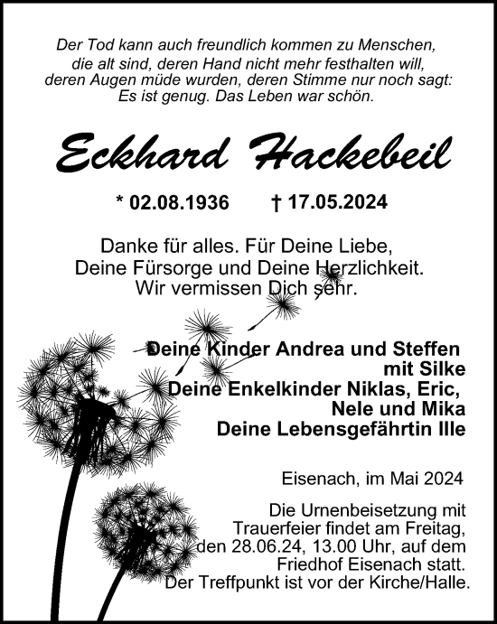 Traueranzeige von Eckhard Hackebeil von Thüringer Allgemeine, Thüringische Landeszeitung