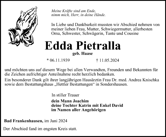 Traueranzeige von Edda Pietralla von Thüringer Allgemeine