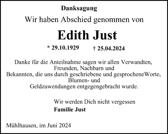 Traueranzeige von Edith Just von Thüringer Allgemeine, Thüringische Landeszeitung