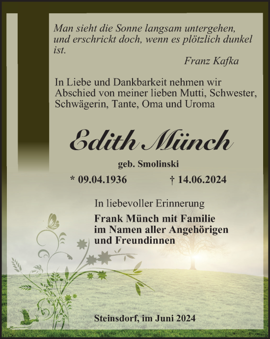 Traueranzeige von Edith Münch von Ostthüringer Zeitung