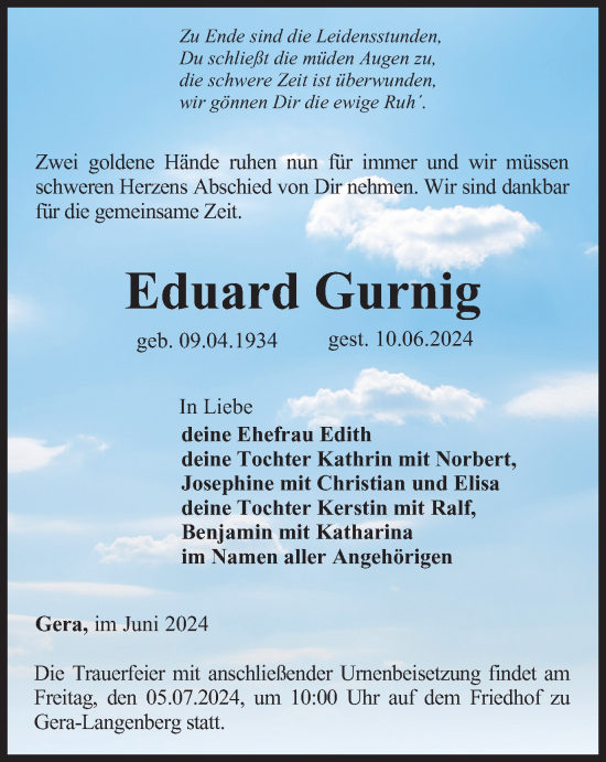 Traueranzeige von Eduard Gurnig von Ostthüringer Zeitung