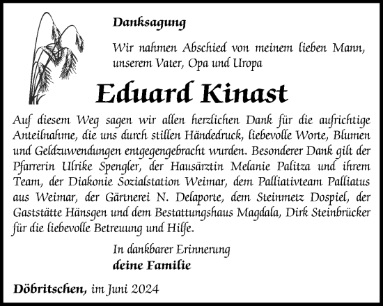 Traueranzeige von Eduard Kinast von Thüringer Allgemeine, Thüringische Landeszeitung