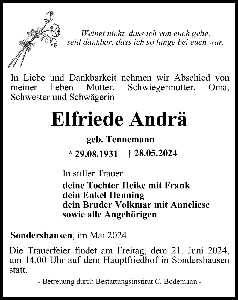  Traueranzeige für Elfriede Andrä vom 15.06.2024 aus Thüringer Allgemeine