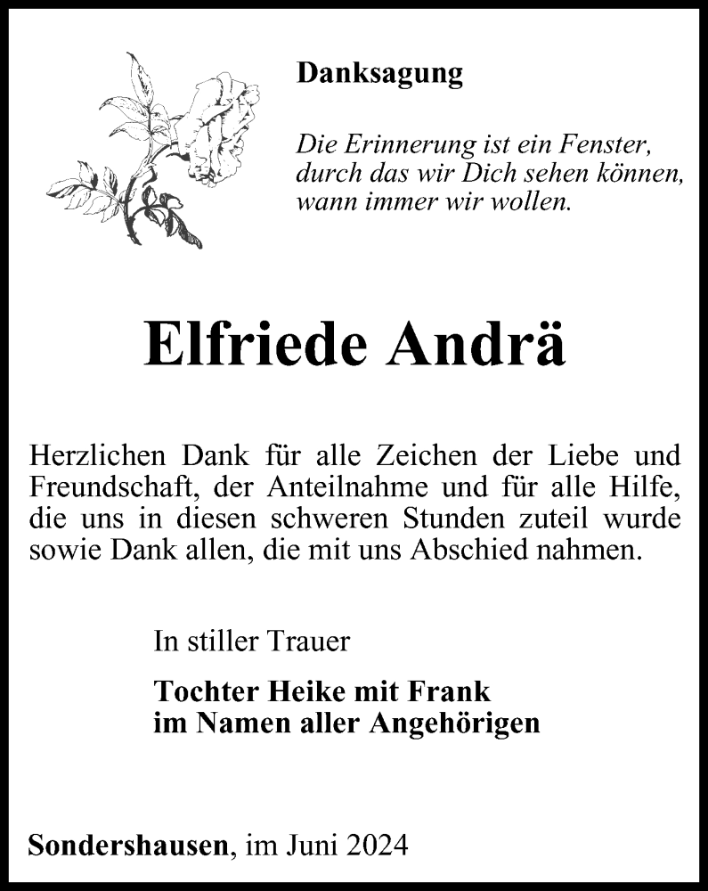  Traueranzeige für Elfriede Andrä vom 29.06.2024 aus Thüringer Allgemeine