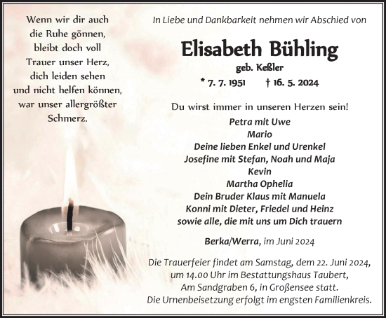 Traueranzeige von Elisabeth Bühling von Thüringer Allgemeine, Thüringische Landeszeitung