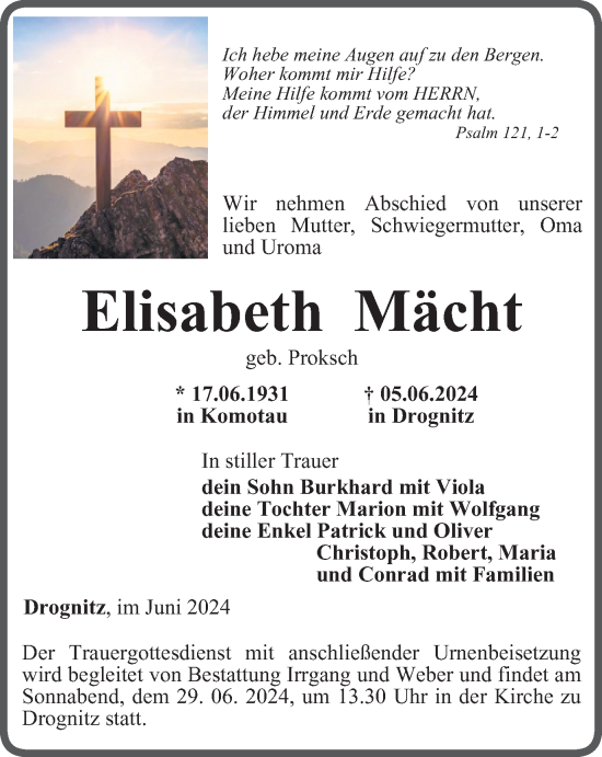 Traueranzeige von Elisabeth Mächt von Ostthüringer Zeitung