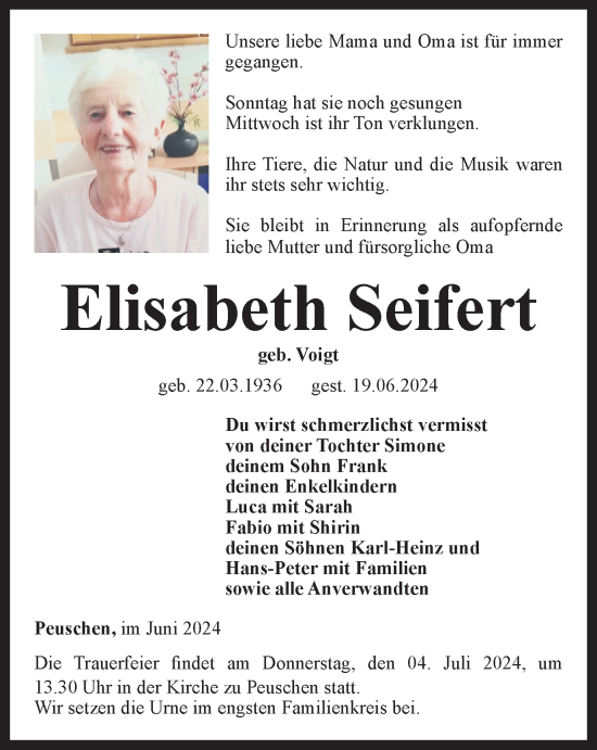 Traueranzeige von Elisabeth Seifert von Ostthüringer Zeitung