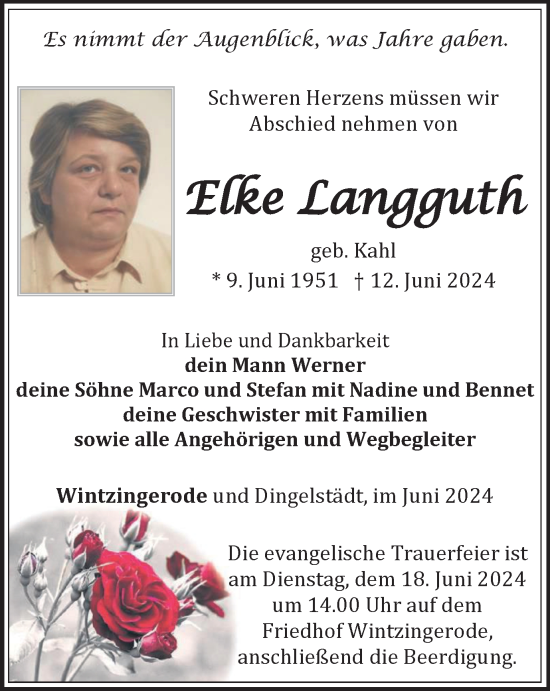 Traueranzeige von Elke Langguth von Thüringer Allgemeine