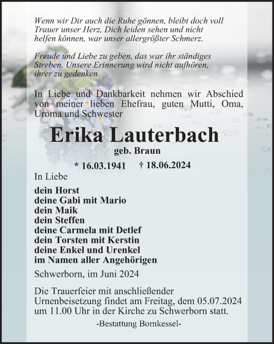Traueranzeige von Erika Lauterbach von Thüringer Allgemeine, Thüringische Landeszeitung