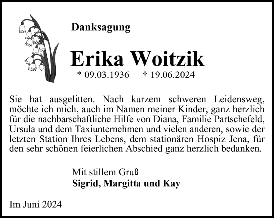 Traueranzeige von Erika Woitzik von Ostthüringer Zeitung, Thüringische Landeszeitung
