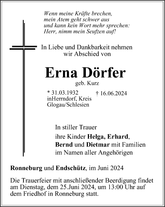 Traueranzeige von Erna Dörfer von Ostthüringer Zeitung