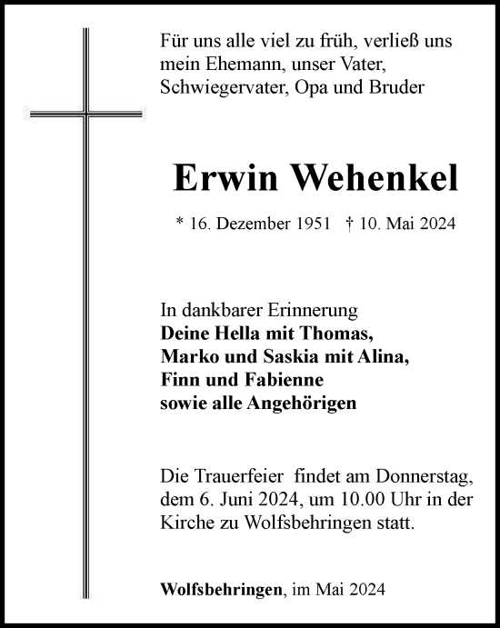 Traueranzeige von Erwin Wehenkel