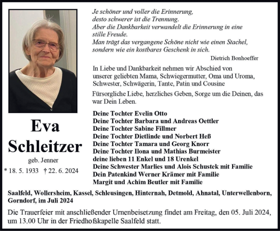Traueranzeige von Eva Schleitzer von Ostthüringer Zeitung