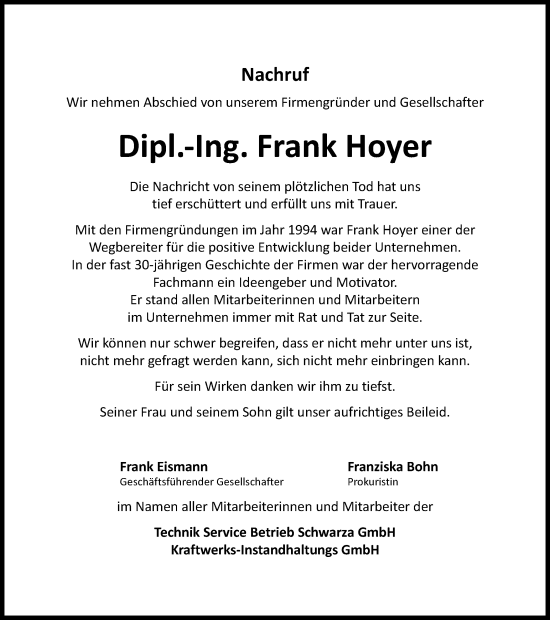 Traueranzeige von Frank Hoyer von Thüringer Allgemeine, Thüringische Landeszeitung