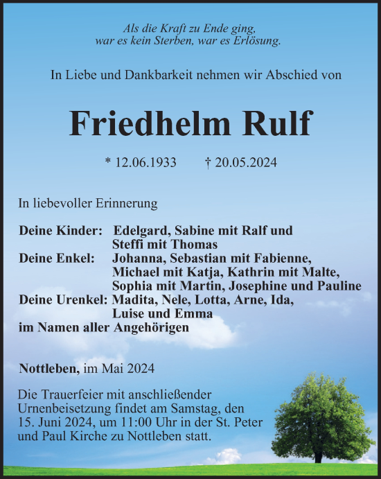 Traueranzeige von Friedhelm Rulf von Thüringer Allgemeine, Thüringische Landeszeitung